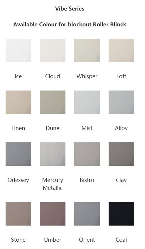 This provides a list of all the different vibe fabrics and colours we offer for our blind solutions.