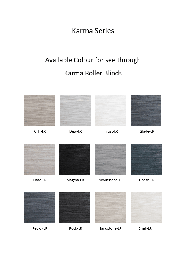 A list of all the Karma fabrics we offer our customers to choose from for our premium roller and vertical blind products.