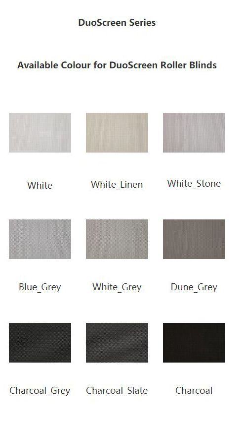 This provides a list of all the different duoscreen fabrics and colours we offer for our blind solutions.